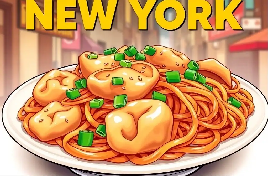 A plate of Chinese food with dumplings, noodles, and green onions in a New York City street setting. Bold yellow 'NEW YORK' text is at the top.
