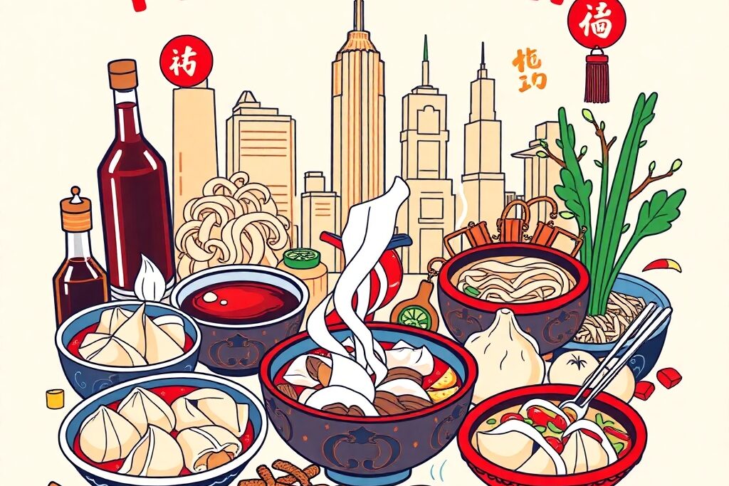 Colorful illustration of Chinese food, including dumplings, noodles, and sauces, set against a stylized New York City skyline with lanterns and spices.