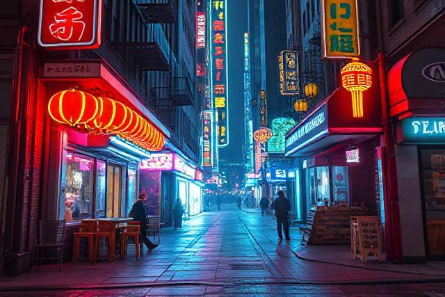 Traditional Chinese lanterns are hanging from the buildings, adding to the cultural atmosphere.