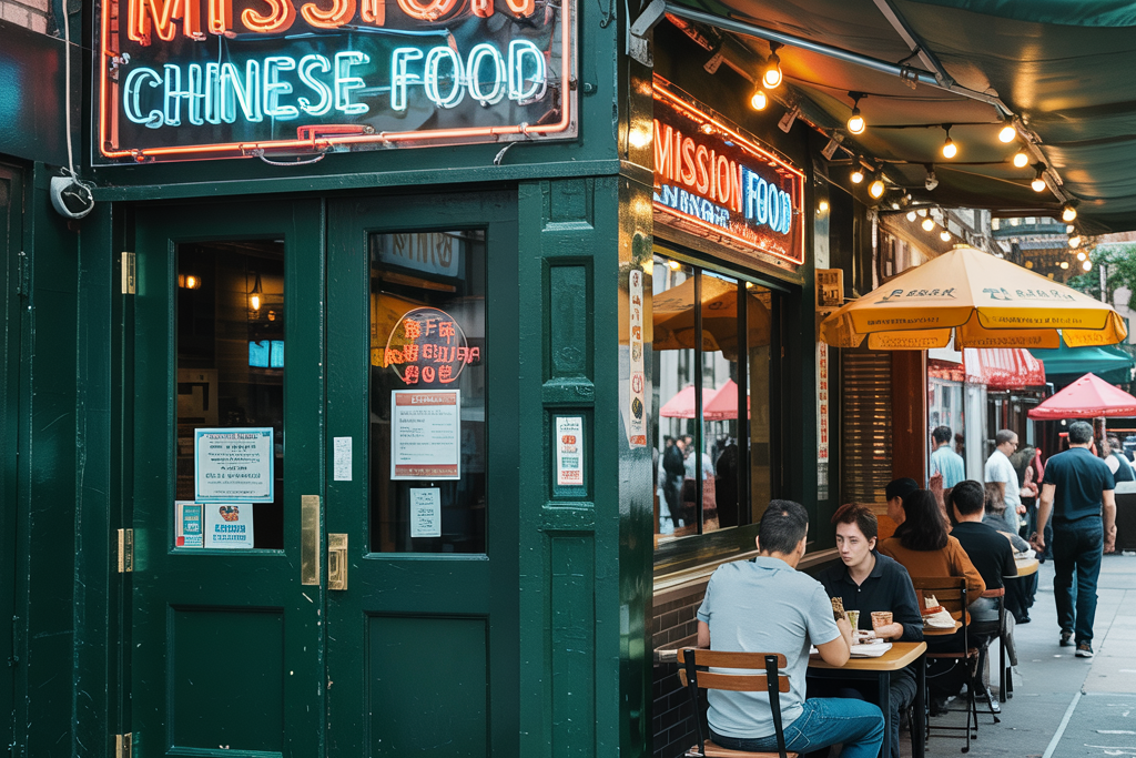 A restaurant with a neon sign that reads "MISSION CHINESE FOOD," suggesting an Asian culinary offering. People are seated at tables outside.