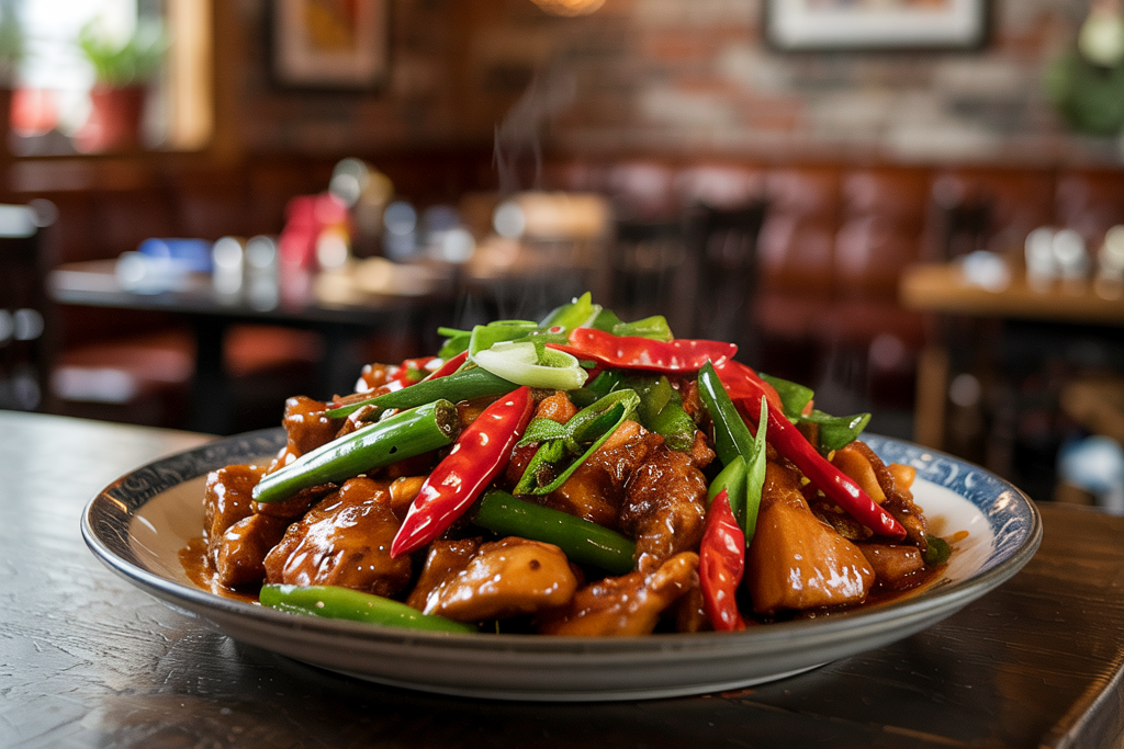 A close-up shot of a plate filled with cooked chicken pieces, green onions, and red chili peppers, presented on a round plate with a blue and white pattern. The plate sits on a wooden table in a restaurant with blurred background details.