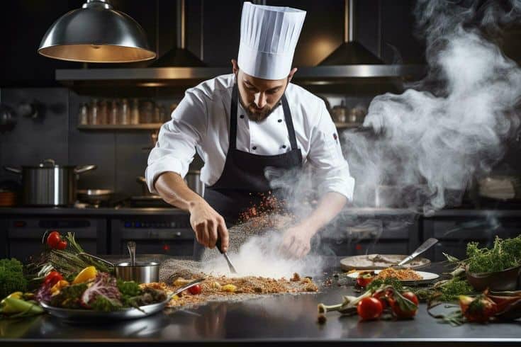 Chef cooking amidst rising steam and scattered ingredients in a professional kitchen. Fresh vegetables on the counter.