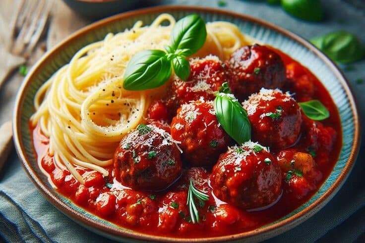 A close-up shot shows spaghetti and meatballs in red sauce on a dark table. The spaghetti is coiled on the left, dusted with cheese. Five meatballs are nestled in the sauce on the right, garnished with cheese, herbs, and basil. A blue napkin is beneath the plate.