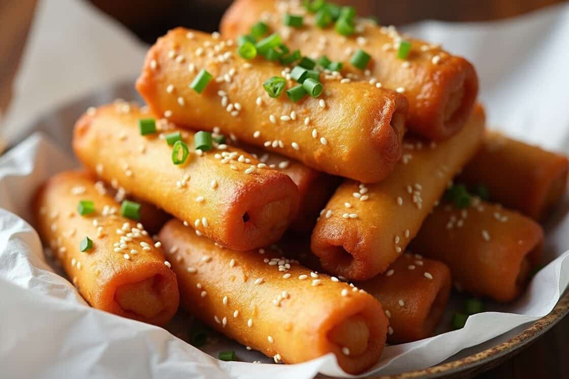 A detailed view of a serving of crispy egg rolls. The rolls have a beautifully textured, golden-brown surface dotted with sesame seeds and bright green onion pieces. They are presented on white parchment paper, highlighting their appealing color and texture.