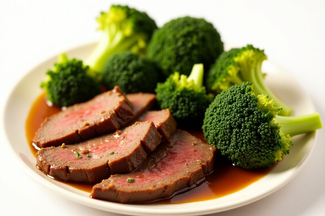 

Here is an alt text for the image: Beef steak with broccoli and carrots