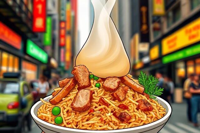 Noodles and meat with a soft-serve swirl