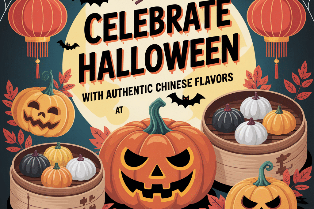 Celebrate Halloween with authentic Chinese flavors at Walung Kitchen NYC — festive poster featuring jack-o’-lanterns, colorful steamed buns, red lanterns, bats, and chopsticks under a glowing moon.