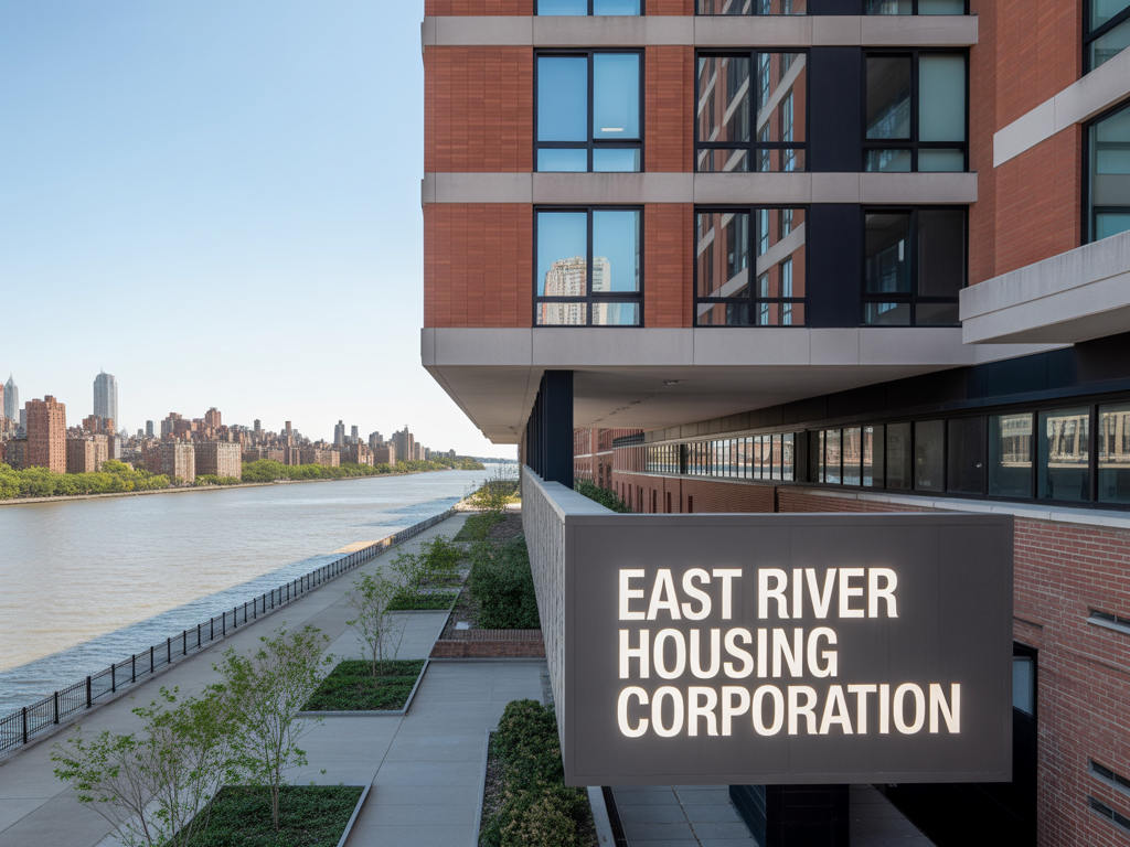 A modern brick and glass apartment building with a sign reading “East River Housing Corporation,” overlooking the East River waterfront and Manhattan skyline.