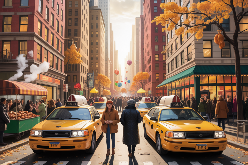 A busy New York City street during Thanksgiving, with yellow taxis, people crossing the road, autumn trees, street vendors, and colorful parade balloons in the distance.