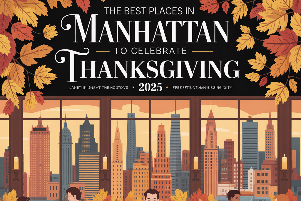 Thanksgiving scene in Manhattan showing people dining indoors with a view of the city skyline at sunset, autumn leaves framing the window, and text reading “The Best Places in Manhattan to Celebrate Thanksgiving 2025