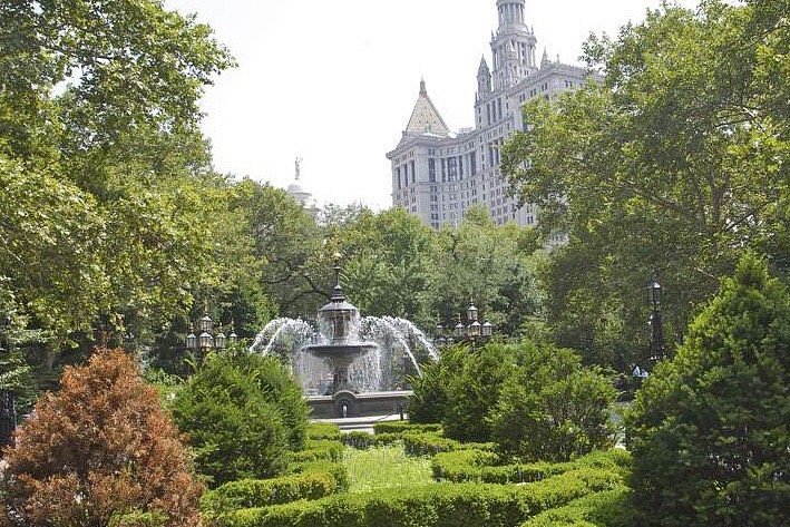 A scenic view of City Hall Park in New York City featuring a large ornamental fountain surrounded by lush green trees and neatly trimmed bushes, with a historic skyscraper rising in the background.
