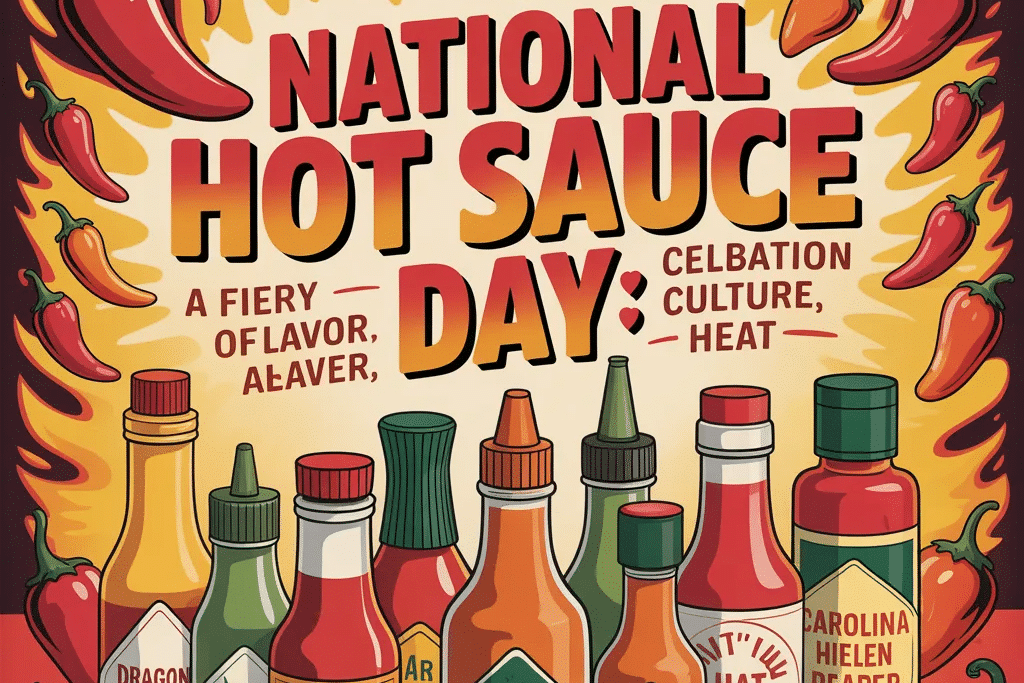 Colorful illustration for National Hot Sauce Day featuring flames, chili peppers, and a row of assorted hot sauce bottles with bold text celebrating flavor, culture, and heat.
