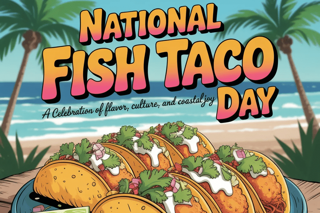 Colorful illustration of crispy fish tacos topped with cilantro and sauce on a plate, set against a sunny beach backdrop with palm trees and bold “National Fish Taco Day” text.
