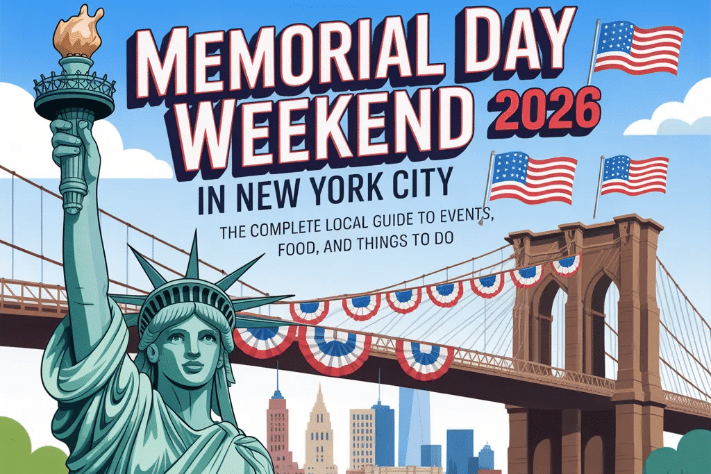 Memorial Day Weekend 2026 in New York City illustration featuring Statue of Liberty, Brooklyn Bridge, American flags, and people enjoying a park picnic.